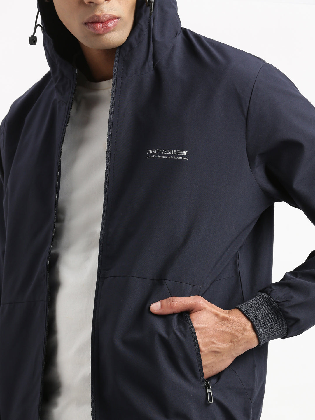 Men Hooded Navy Blue Solid Bomber Jacket