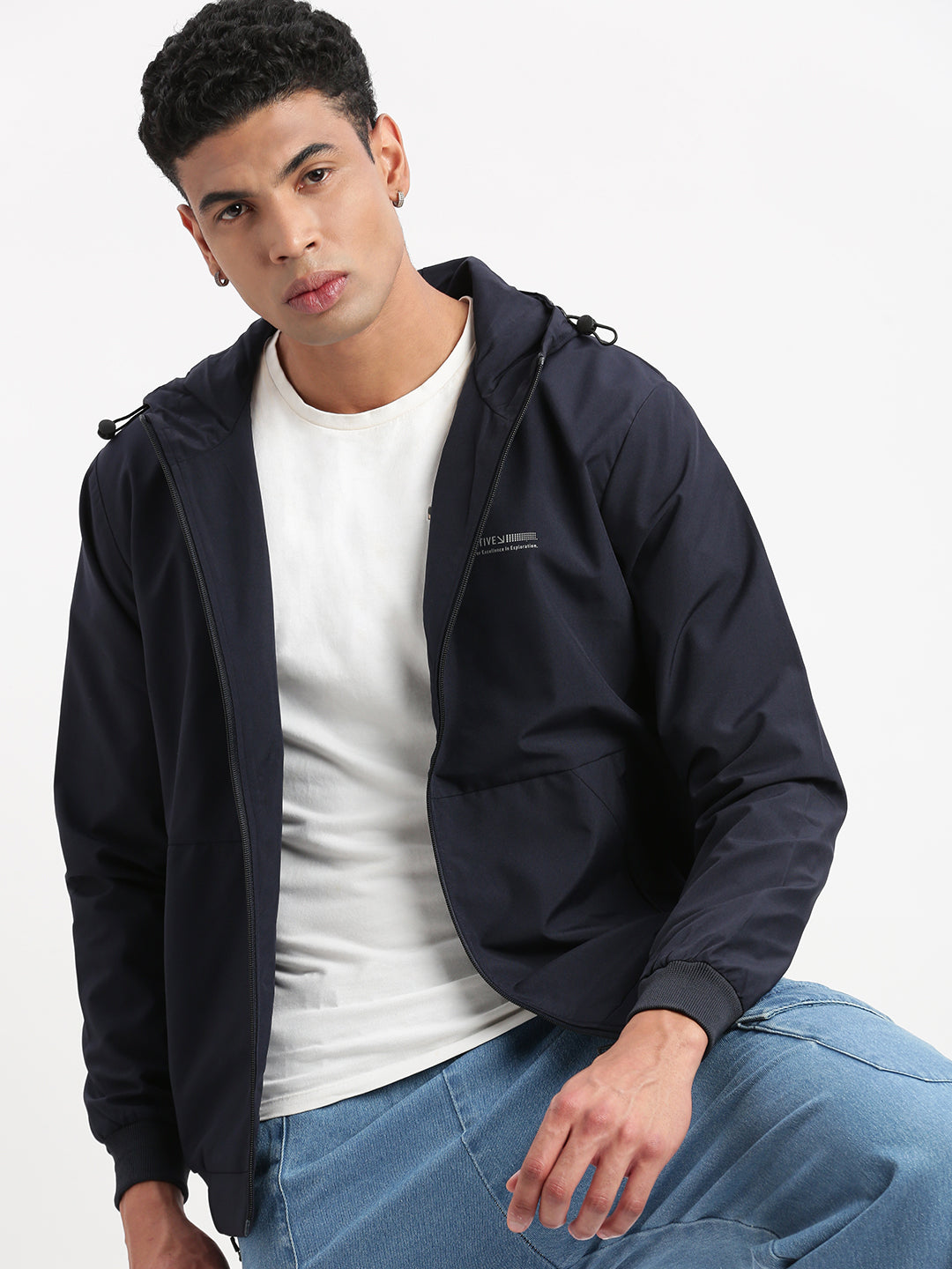 Men Hooded Navy Blue Solid Bomber Jacket