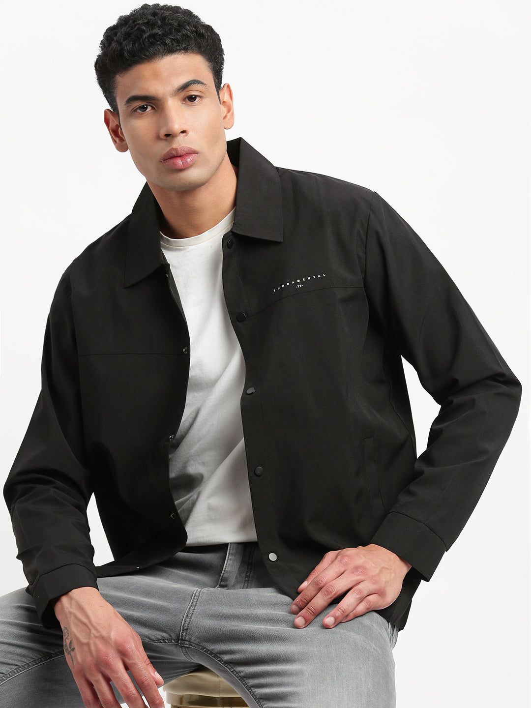 Men's Spread Collar Black Solid Tailored Jacket