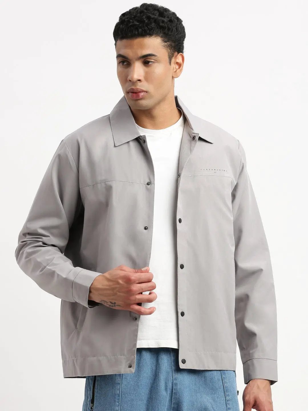 Men's Spread Collar Grey Solid Tailored Jacket