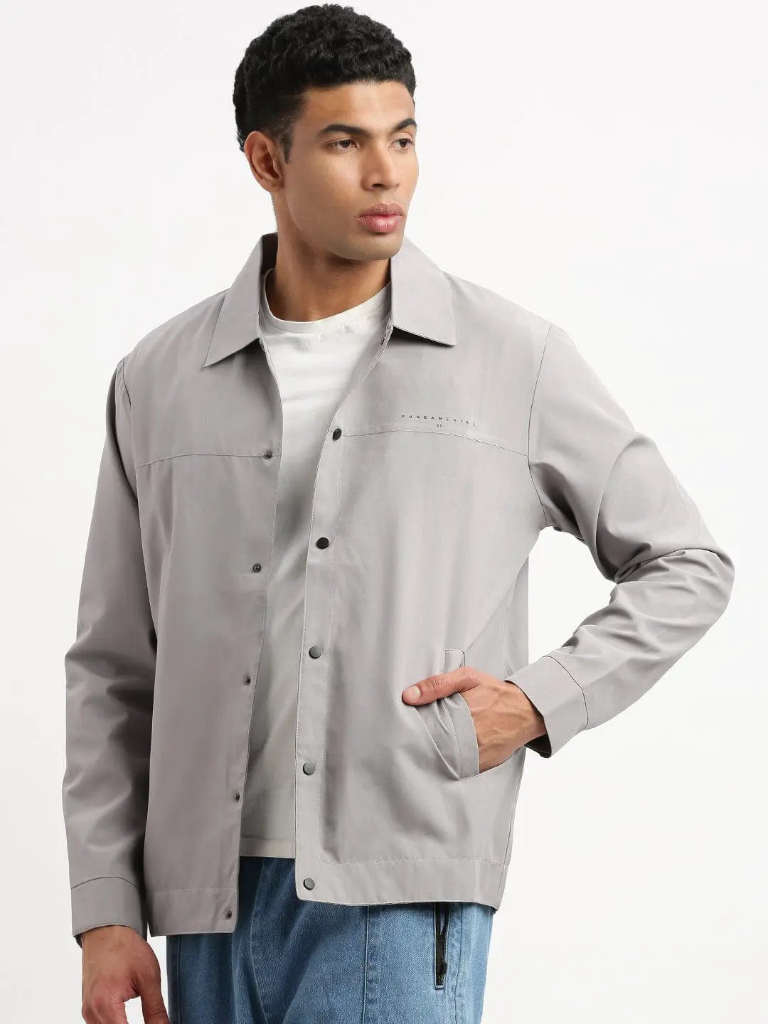 Men's Spread Collar Grey Solid Tailored Jacket