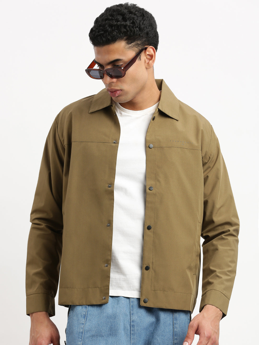 Men Spread Collar Olive Solid Tailored Jacket