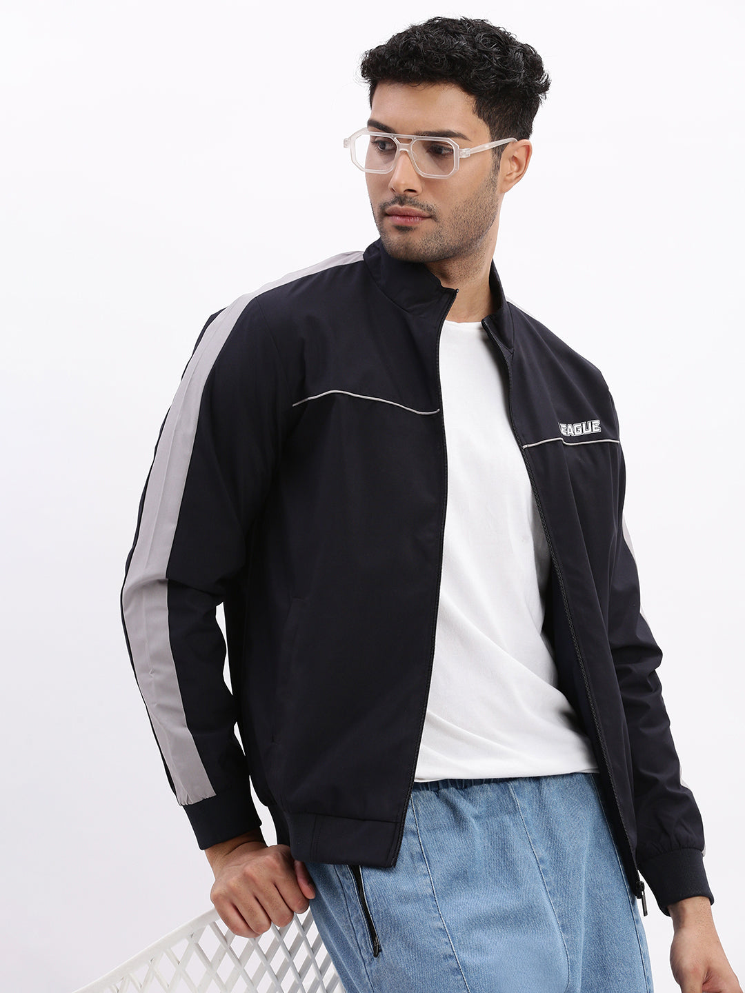 Men Mock Collar Navy Blue Solid Bomber Jacket