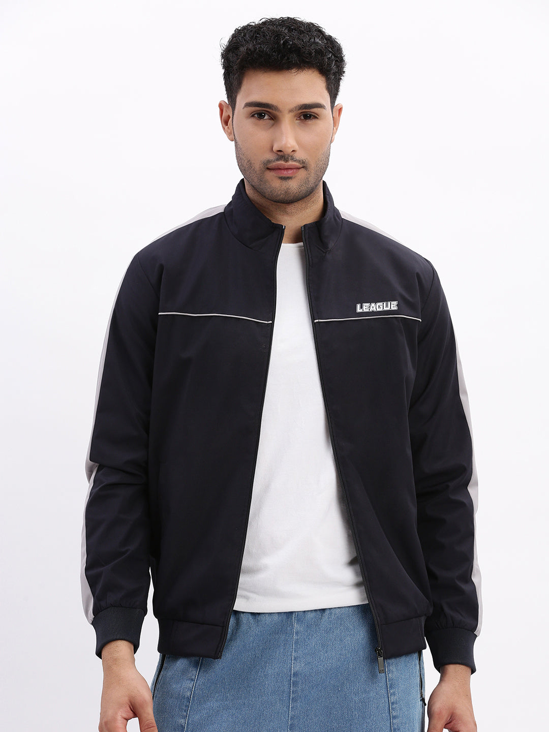 Men Mock Collar Navy Blue Solid Bomber Jacket