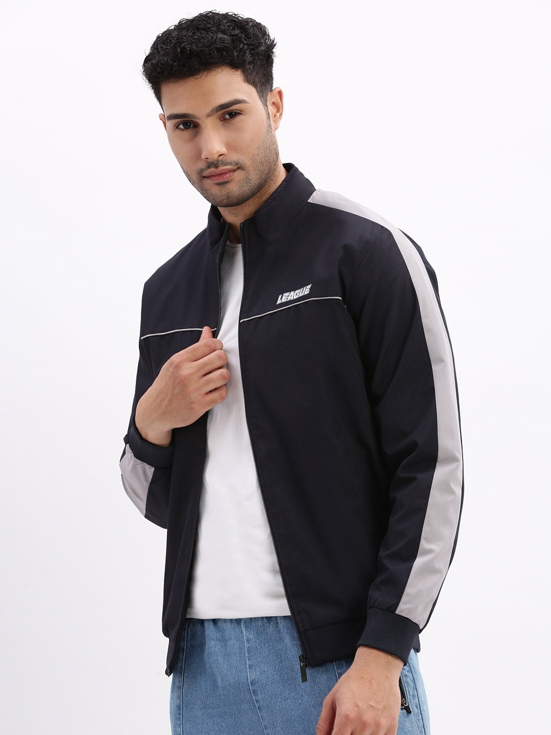 Men Mock Collar Navy Blue Solid Bomber Jacket