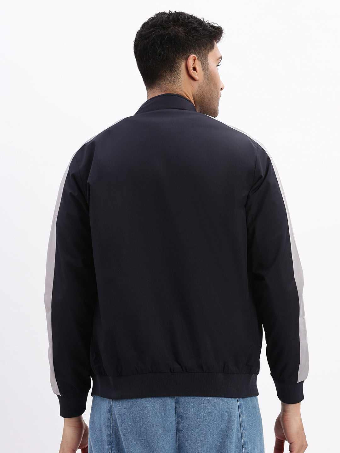 Men Mock Collar Navy Blue Solid Bomber Jacket