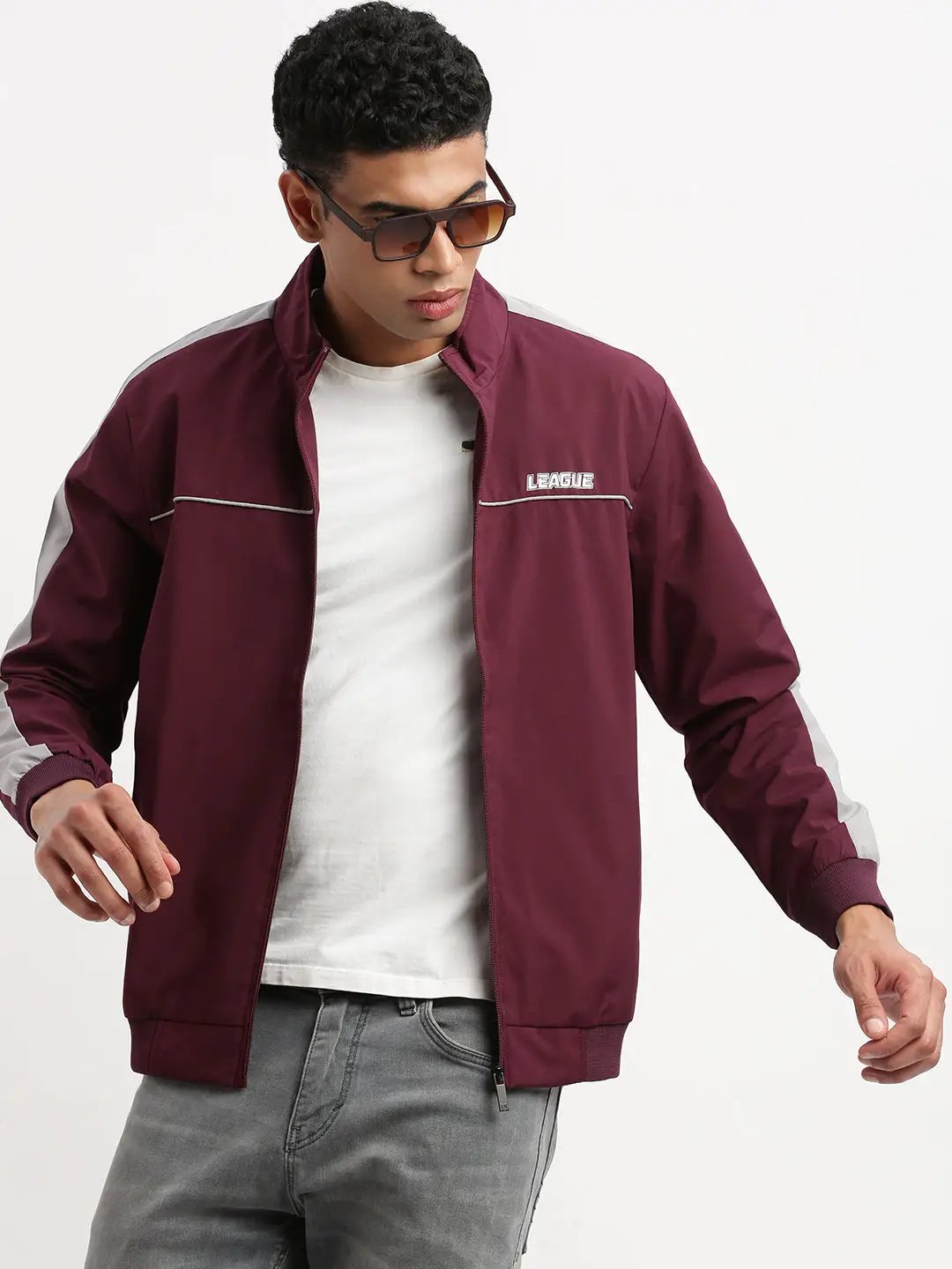 Men's Mock Collar Purple Solid Bomber Jacket