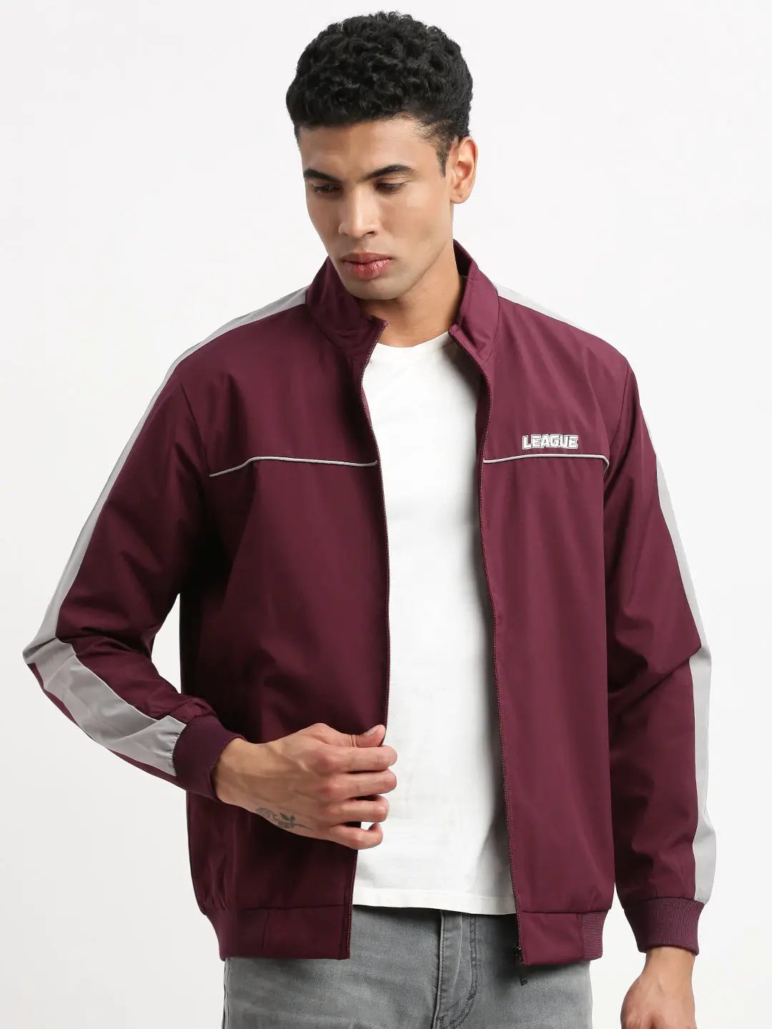 Men's Mock Collar Purple Solid Bomber Jacket