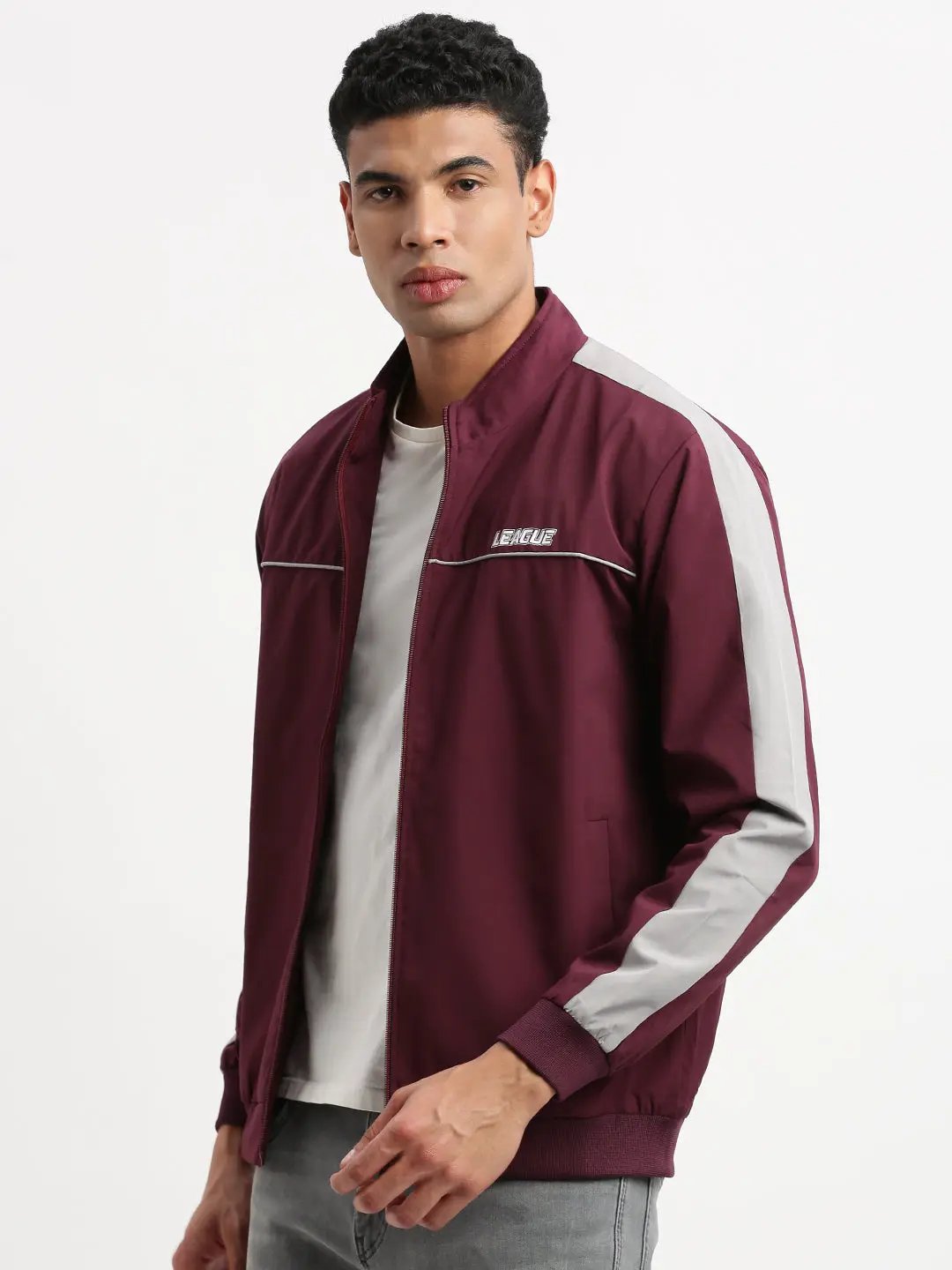 Men's Mock Collar Purple Solid Bomber Jacket