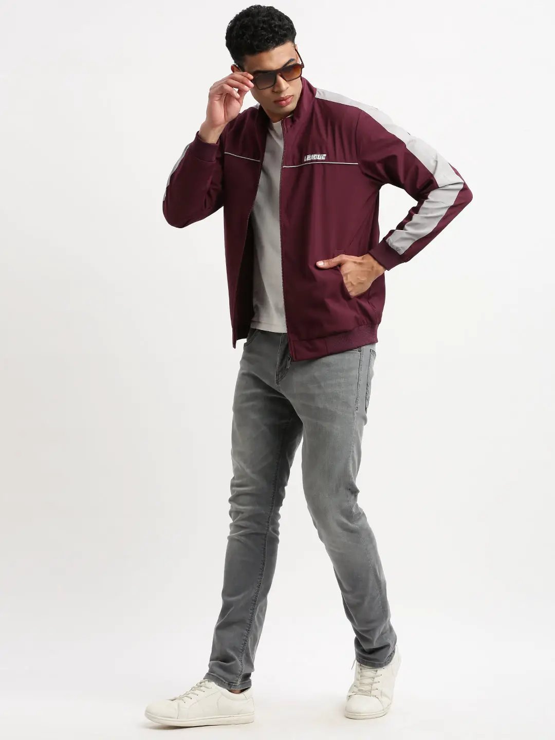 Men's Mock Collar Purple Solid Bomber Jacket