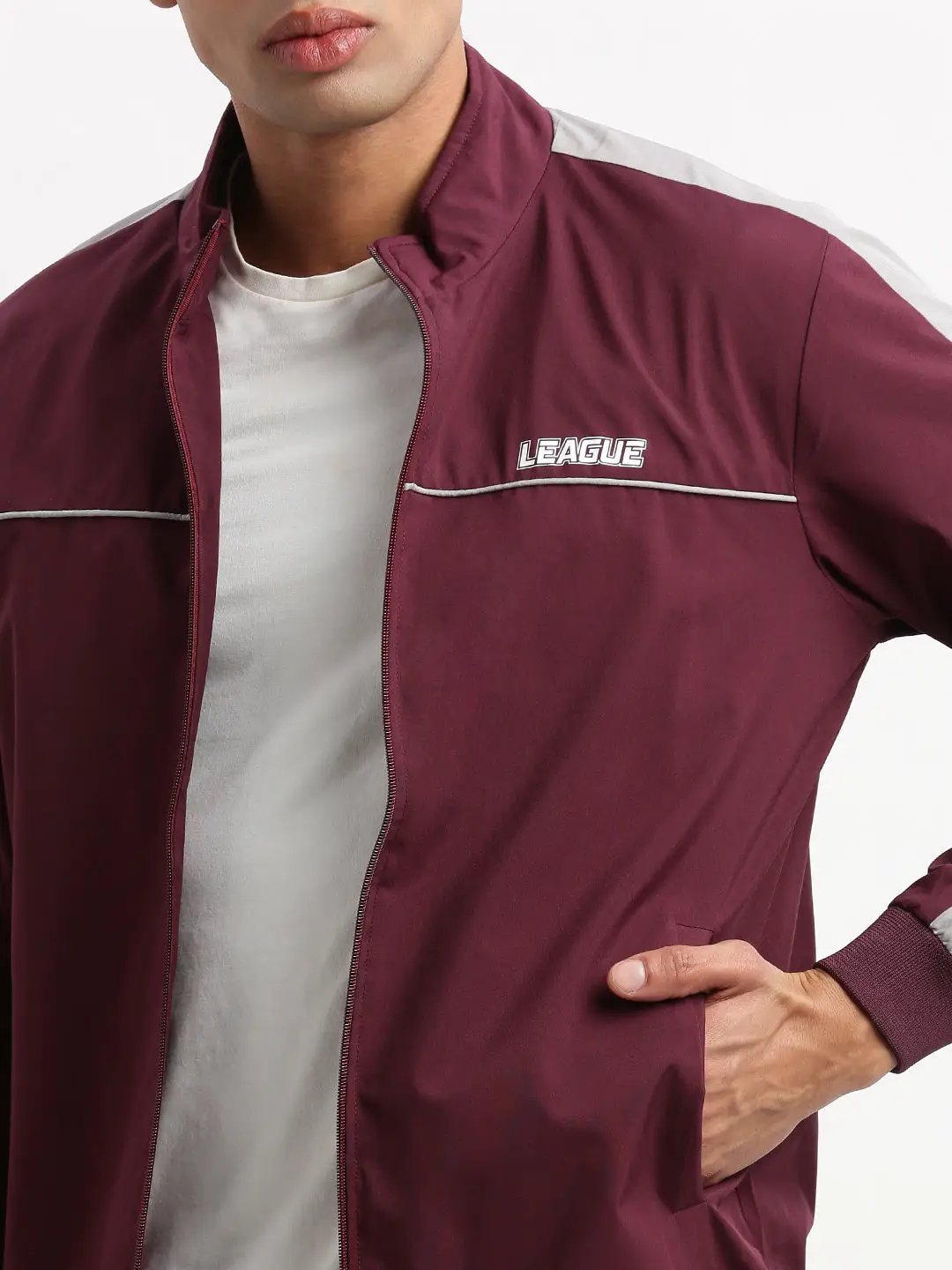 Men's Mock Collar Purple Solid Bomber Jacket