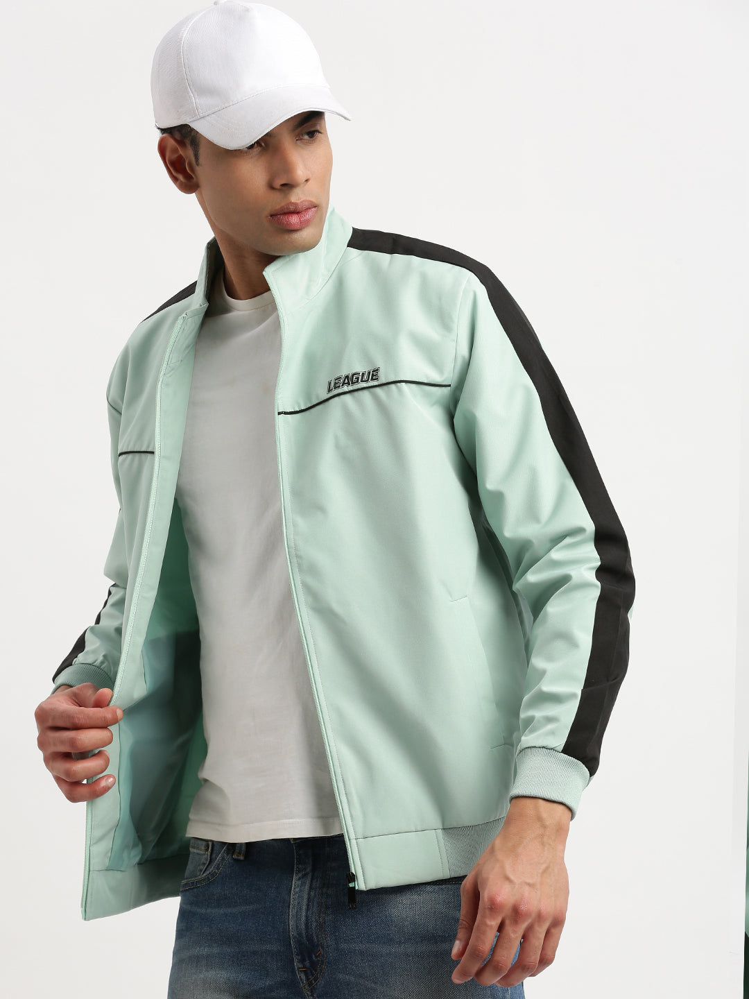 Men Mock Collar Sea Green Solid Bomber Jacket