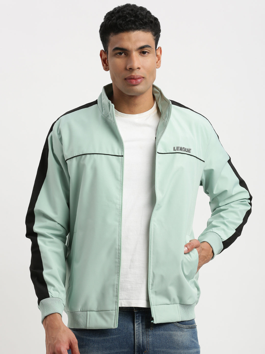 Men Mock Collar Sea Green Solid Bomber Jacket