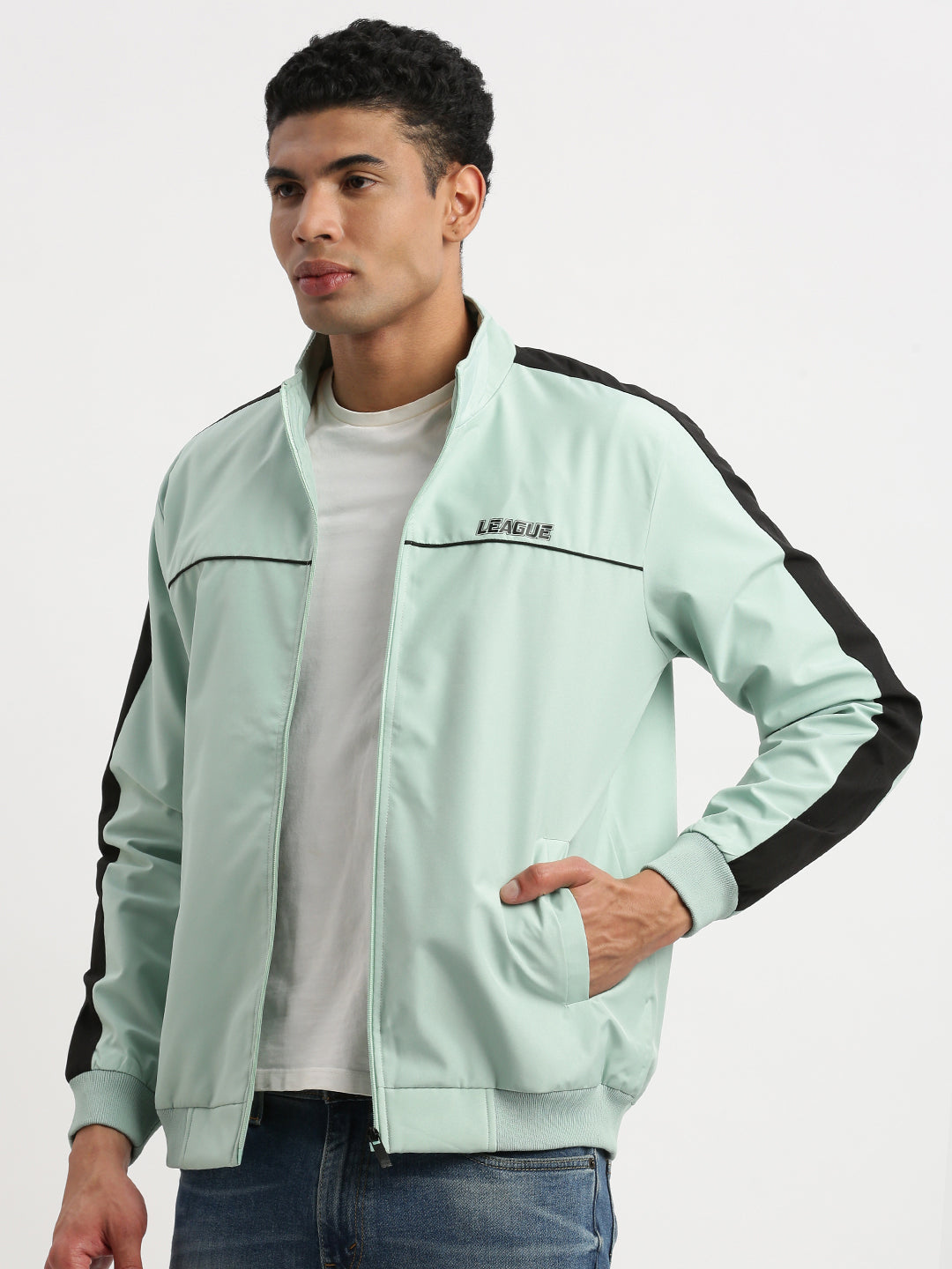 Men Mock Collar Sea Green Solid Bomber Jacket