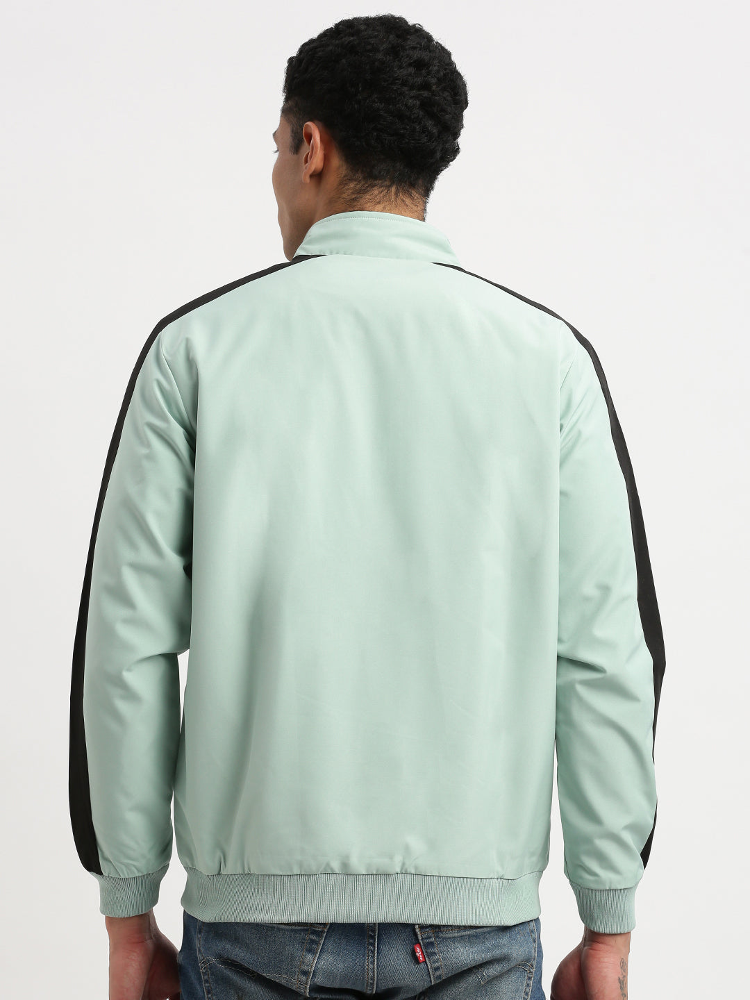 Men Mock Collar Sea Green Solid Bomber Jacket