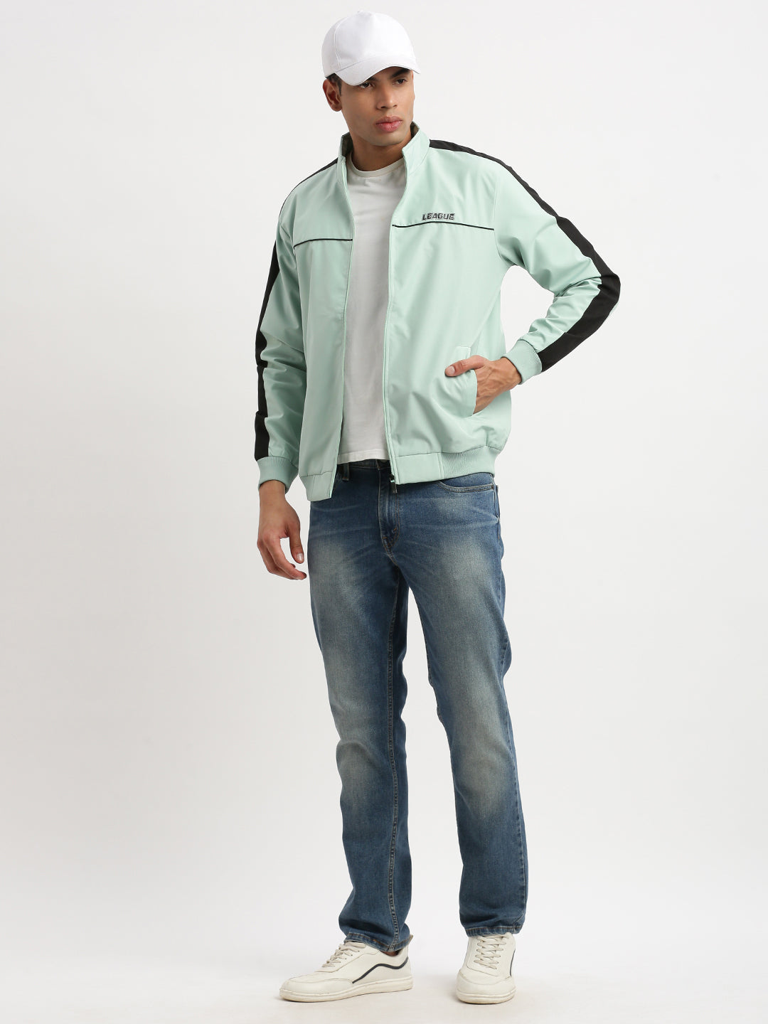 Men Mock Collar Sea Green Solid Bomber Jacket