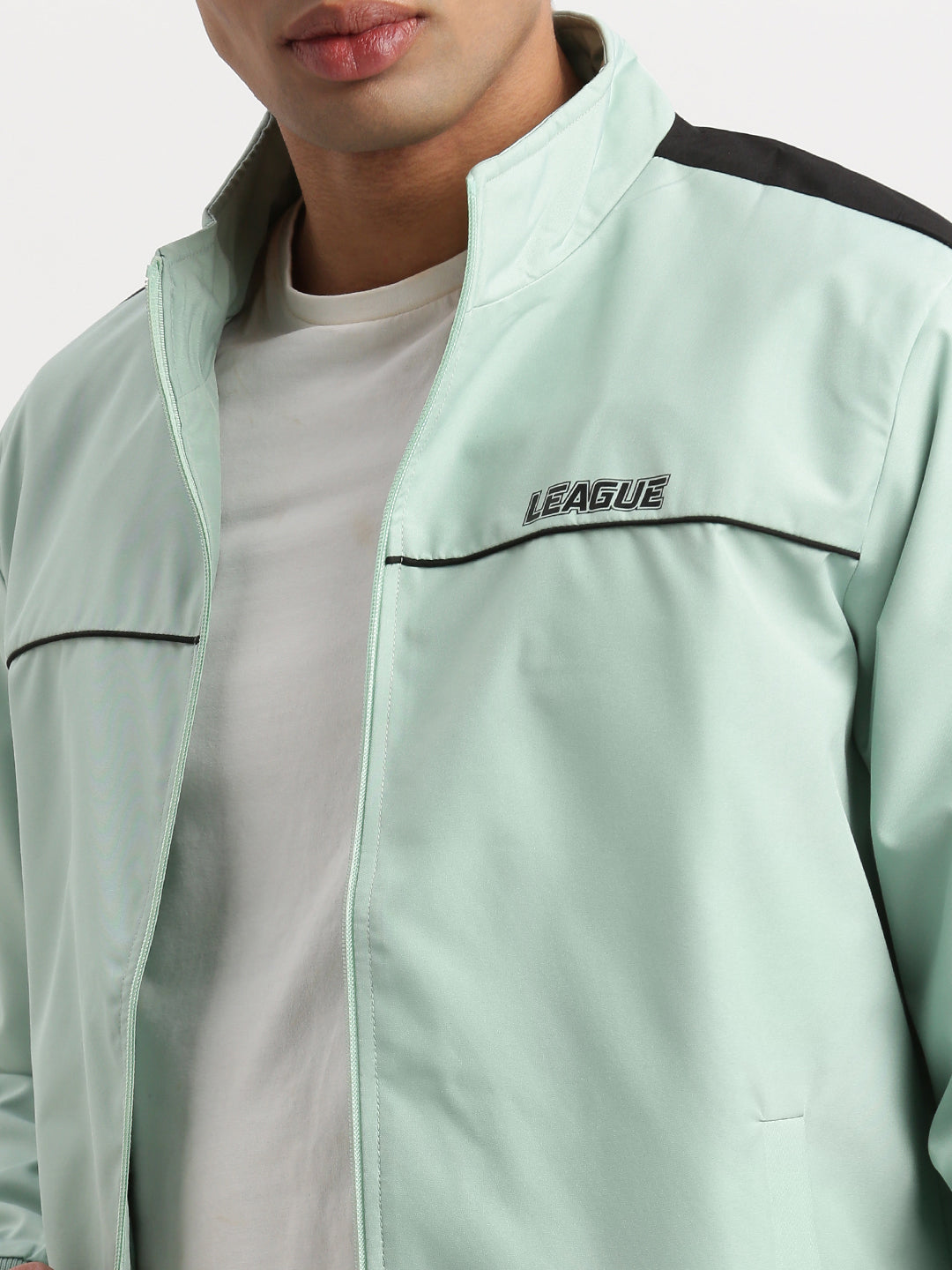 Men Mock Collar Sea Green Solid Bomber Jacket