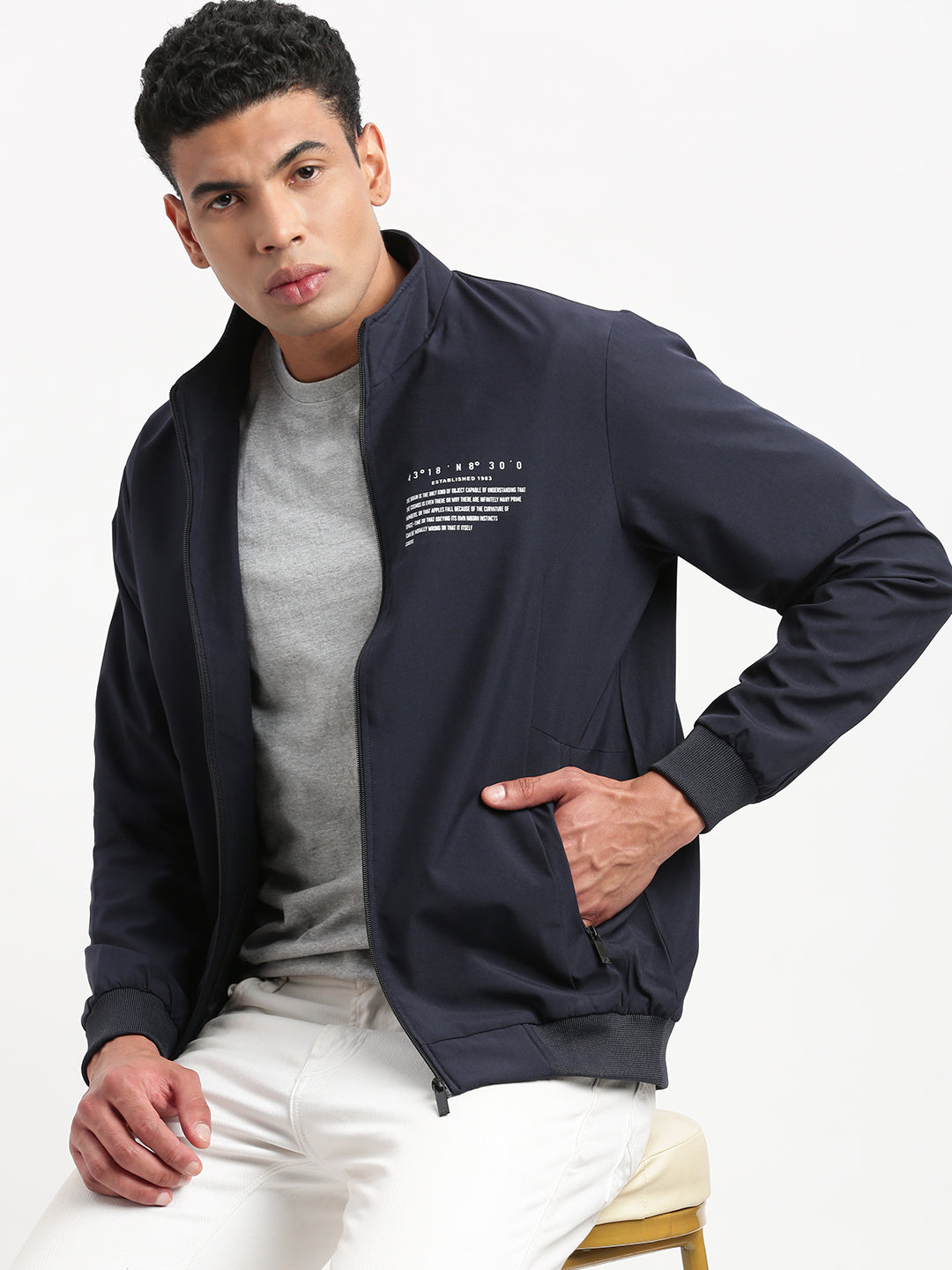 Men Mock Collar Navy Blue Solid Bomber Jacket