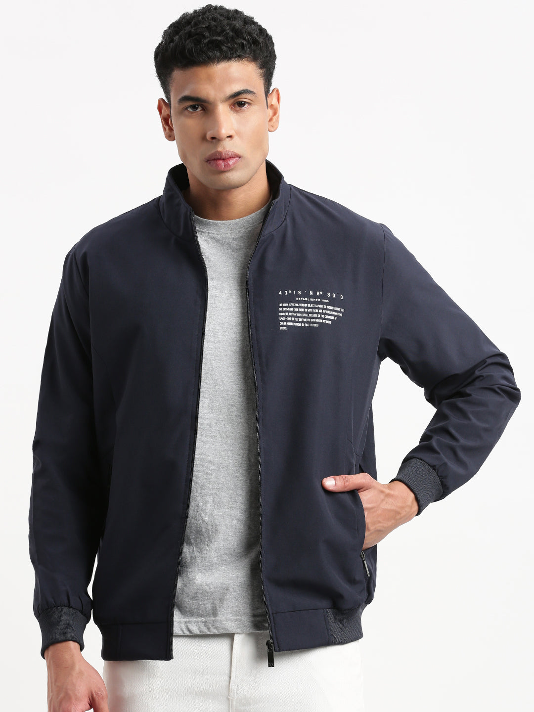 Men Mock Collar Navy Blue Solid Bomber Jacket