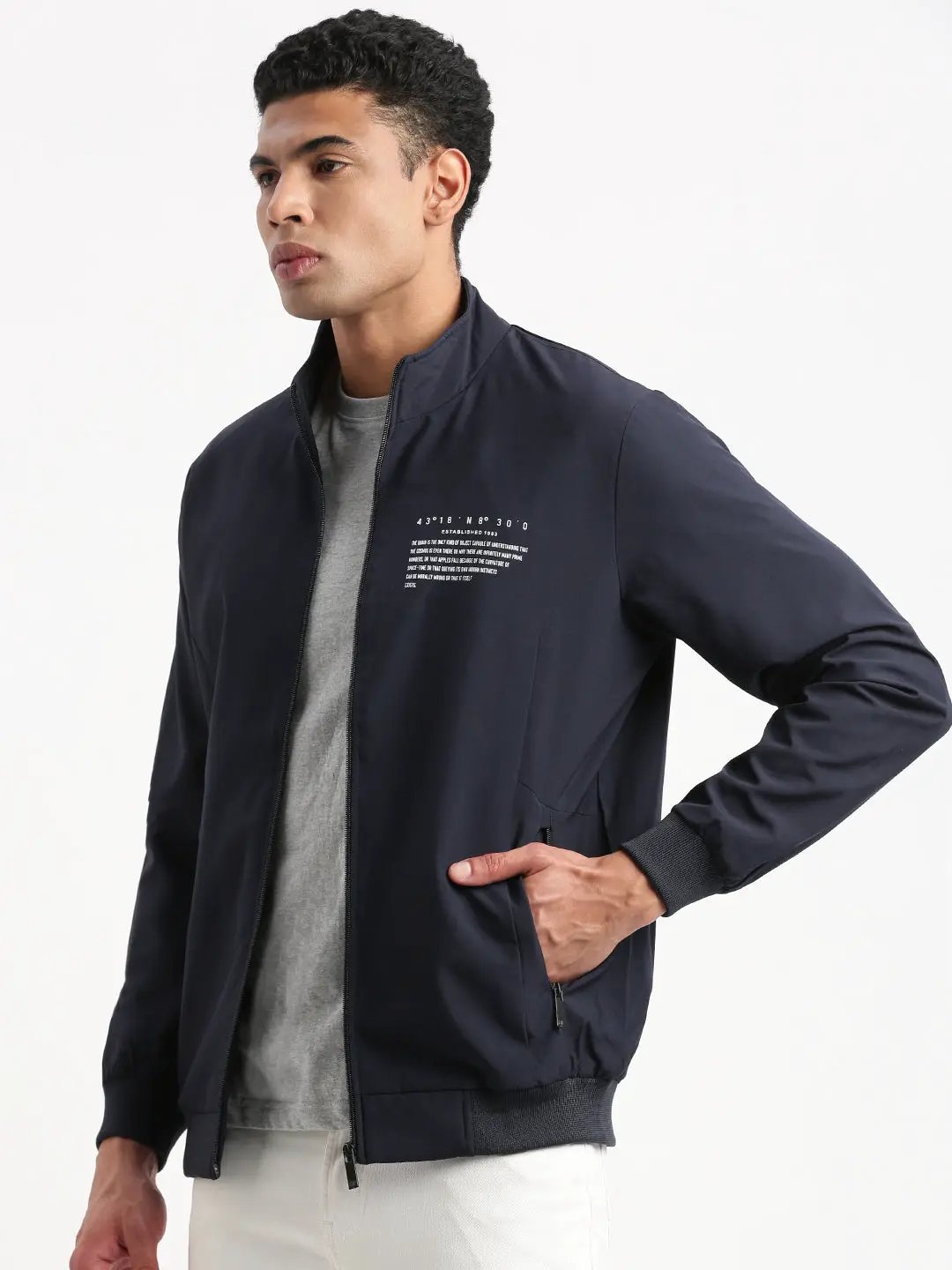 Men's Mock Collar Navy Blue Solid Classic Bomber Jacket