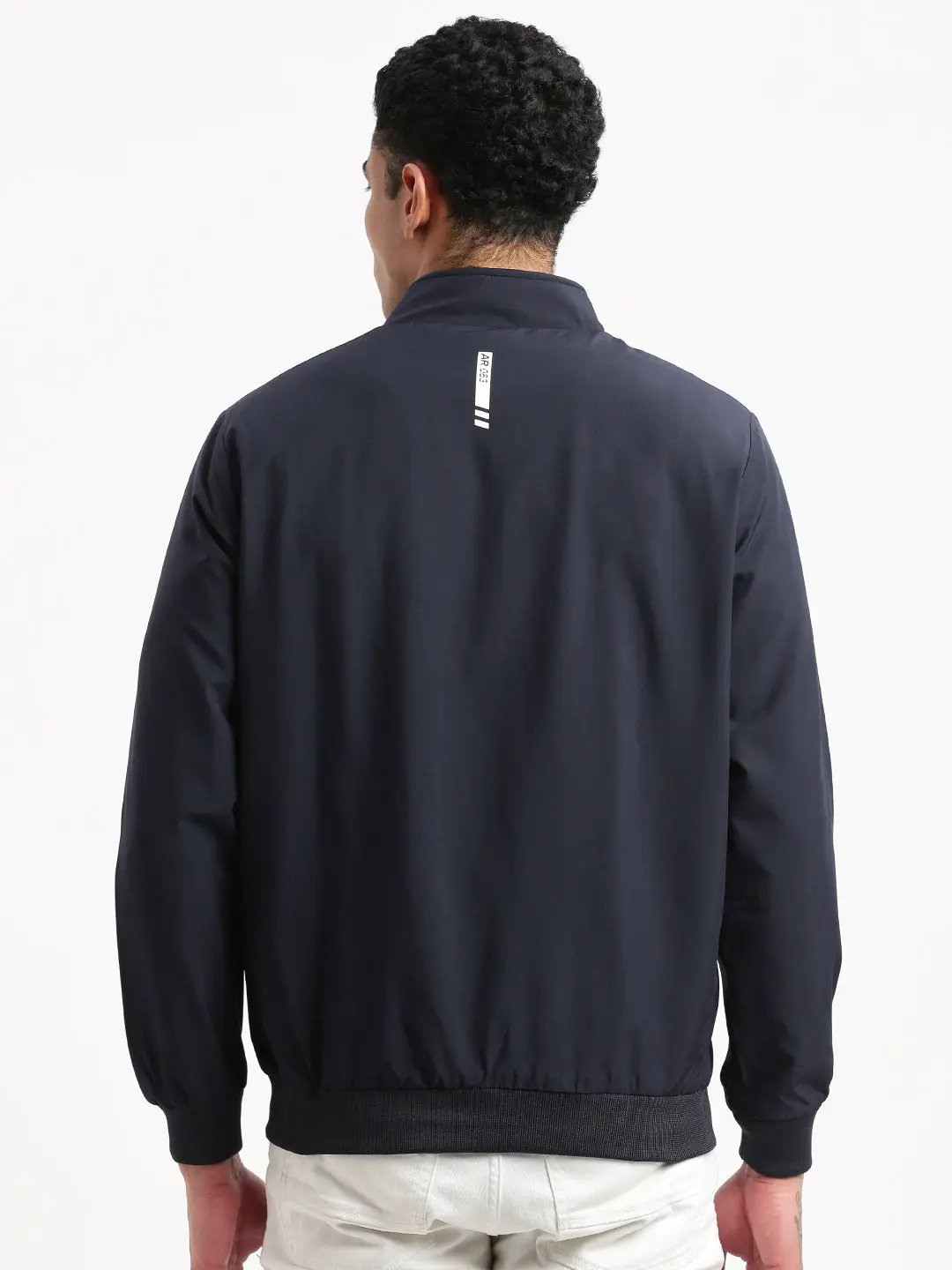 Men's Mock Collar Navy Blue Solid Classic Bomber Jacket