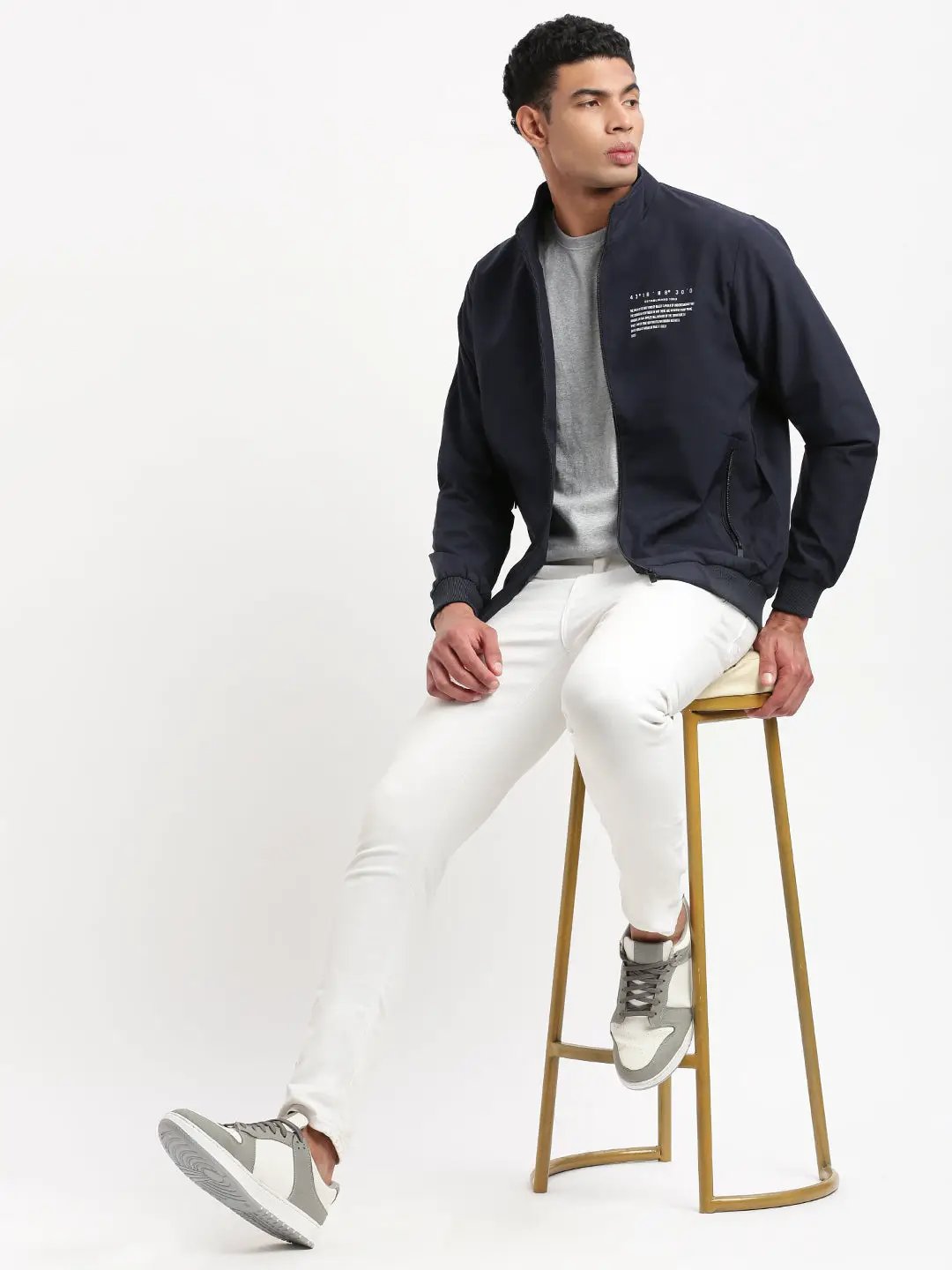 Men's Mock Collar Navy Blue Solid Classic Bomber Jacket