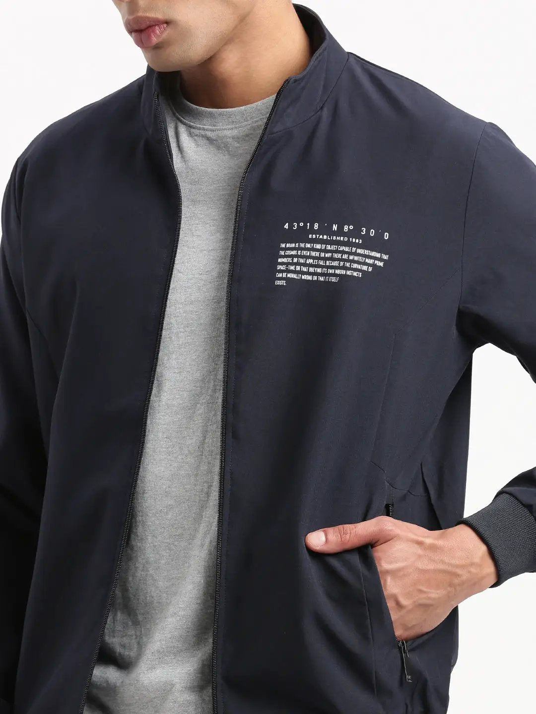 Men's Mock Collar Navy Blue Solid Classic Bomber Jacket