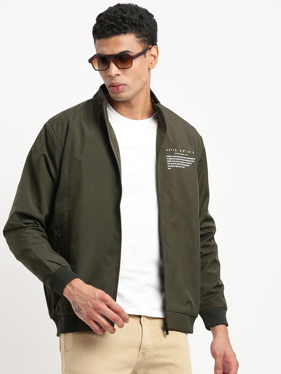 Men Mock Collar Olive Solid Bomber Jacket