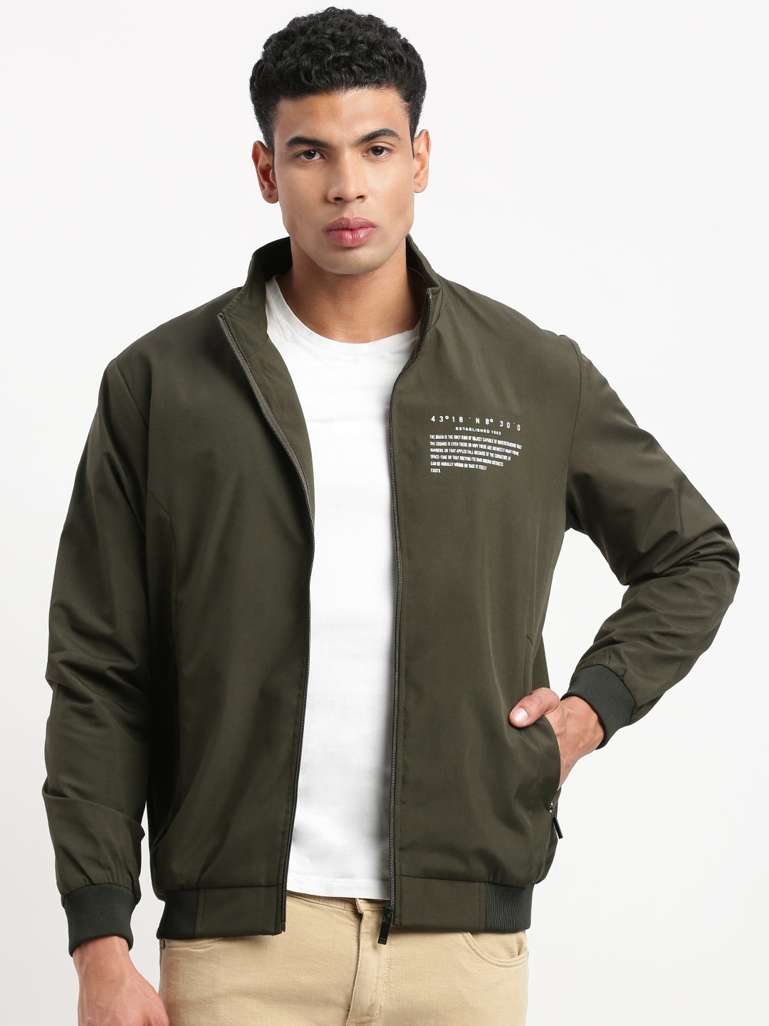 Men Mock Collar Olive Solid Bomber Jacket