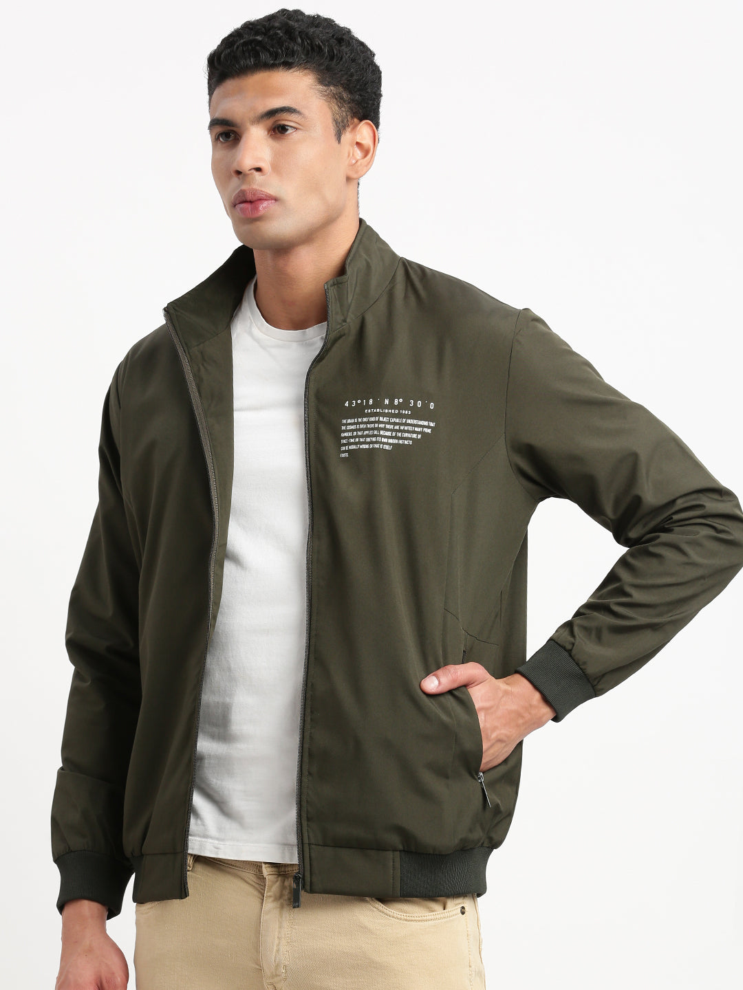 Men Mock Collar Olive Solid Bomber Jacket