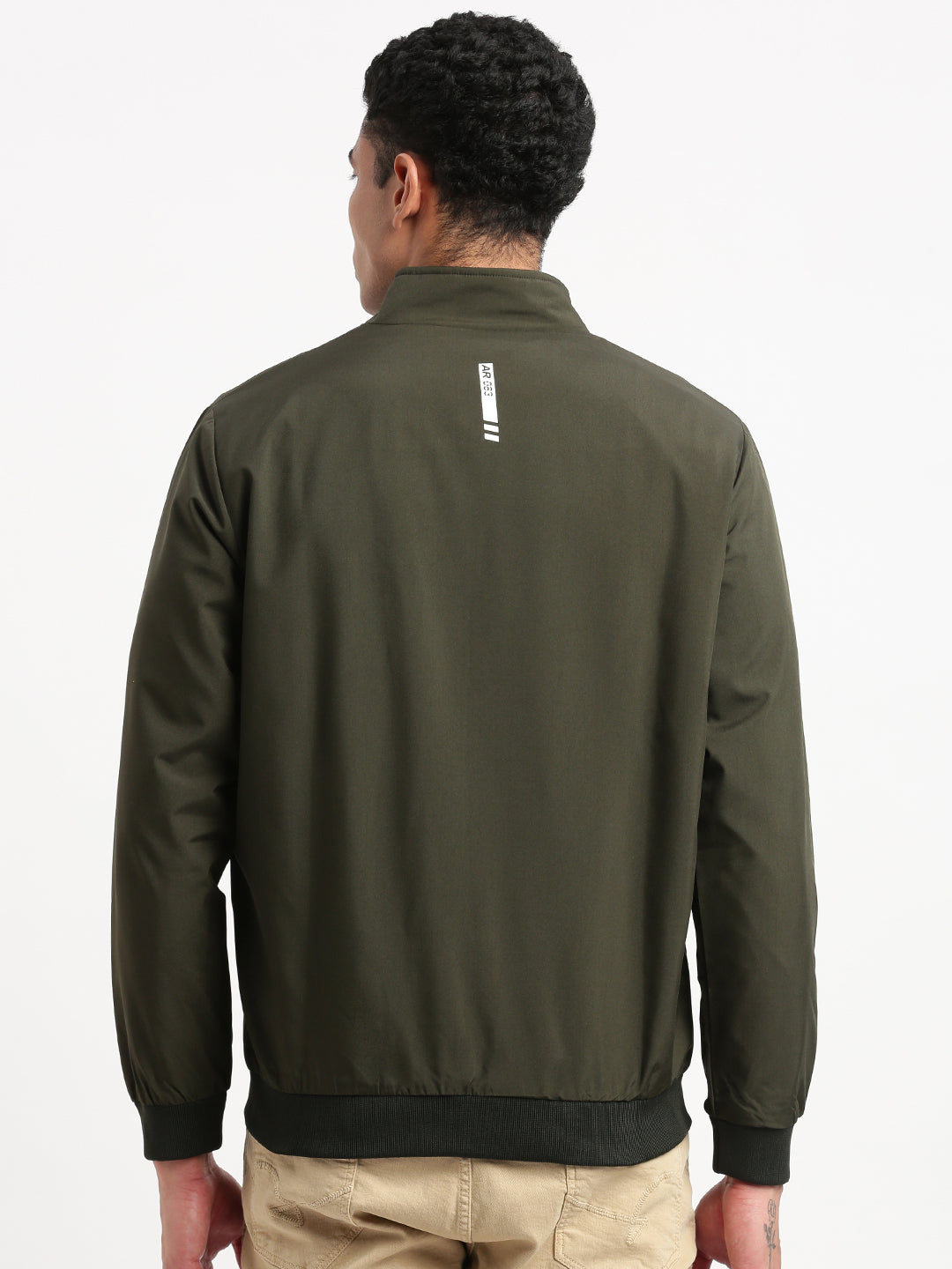 Men Mock Collar Olive Solid Bomber Jacket