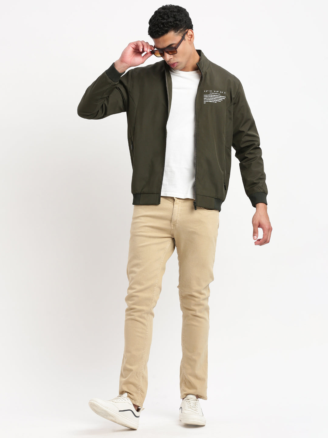 Men Mock Collar Olive Solid Bomber Jacket