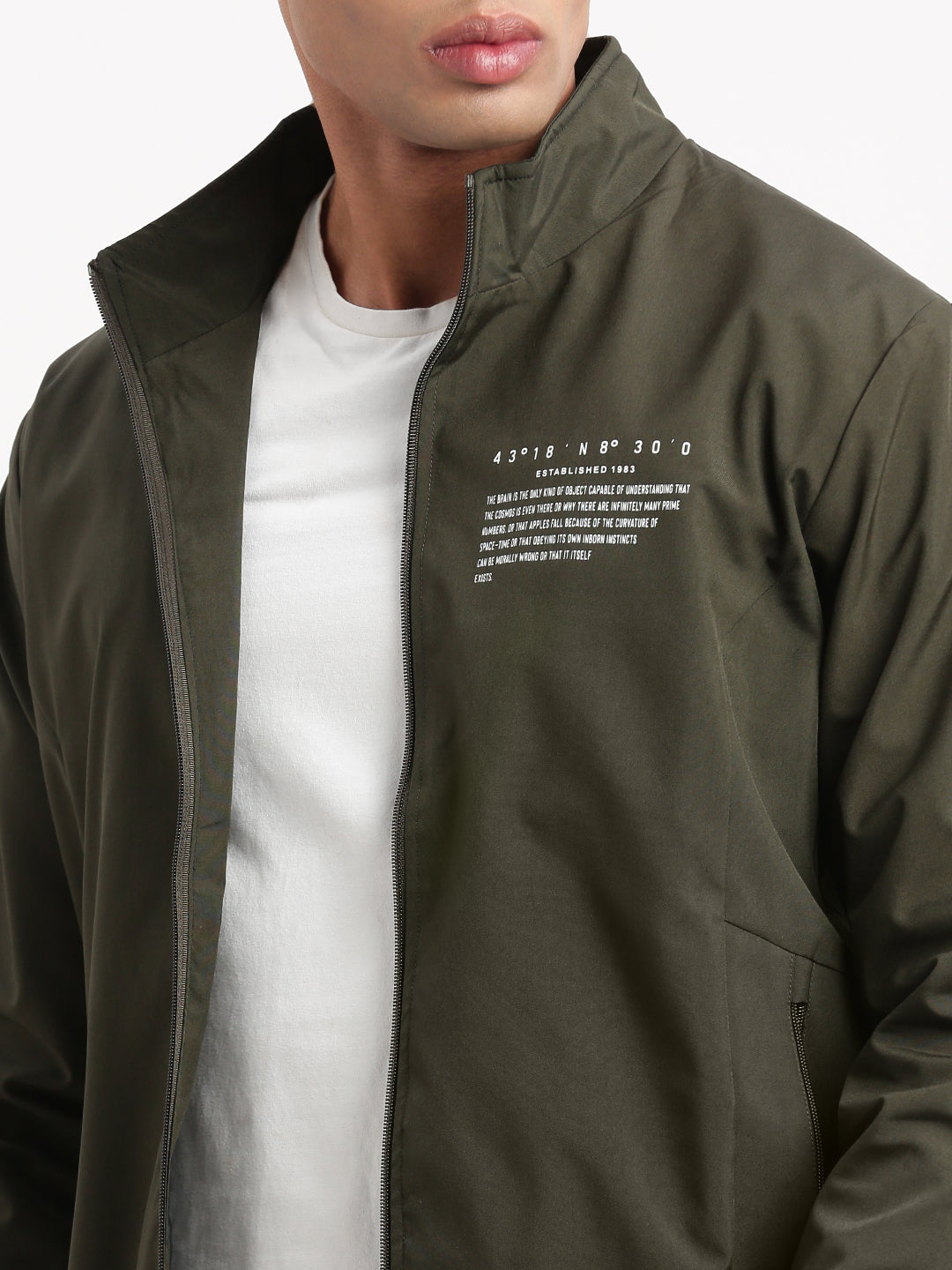 Men Mock Collar Olive Solid Bomber Jacket