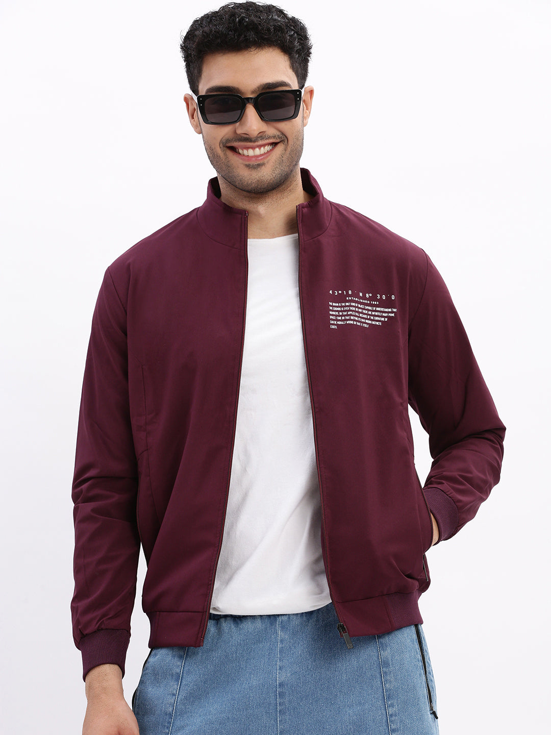 Men Mock Collar Purple Solid Bomber Jacket