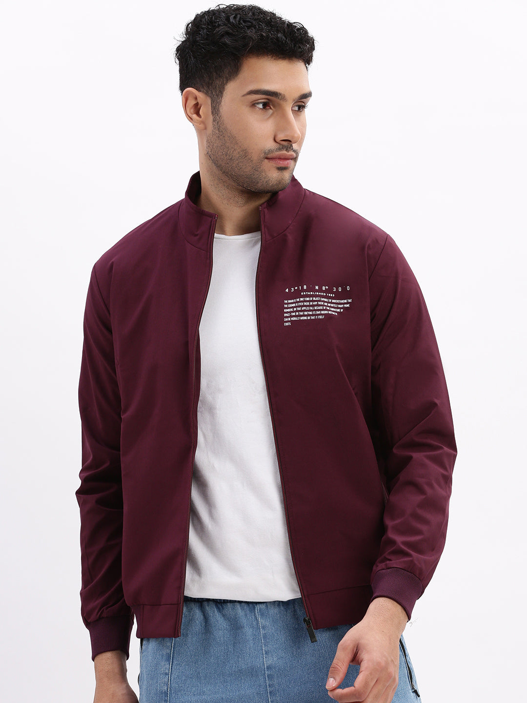 Men Mock Collar Purple Solid Bomber Jacket