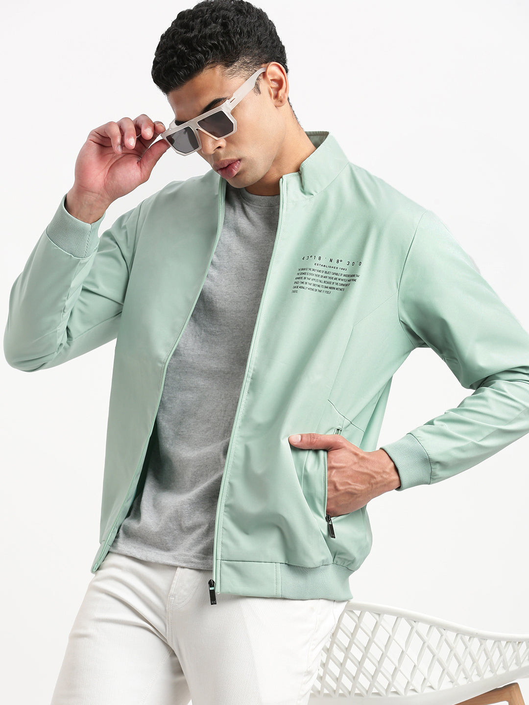 Men Mock Collar Sea Green Solid Bomber Jacket