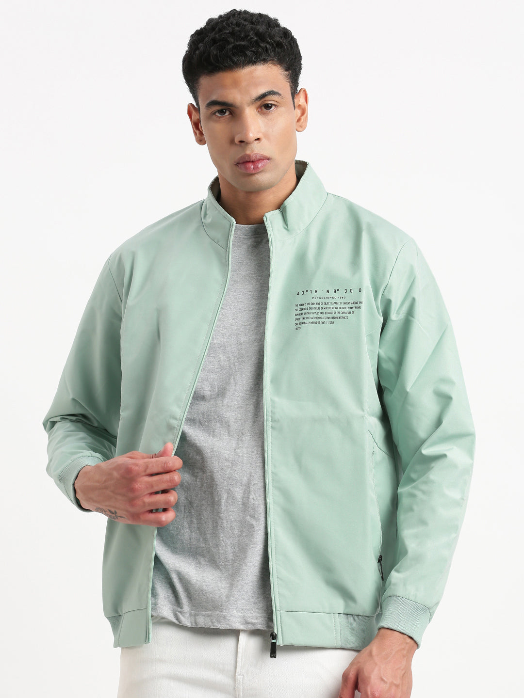 Men Mock Collar Sea Green Solid Bomber Jacket