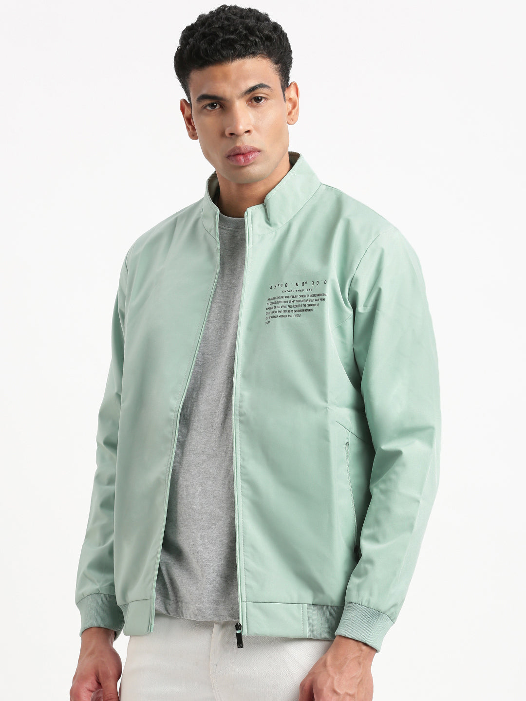 Men Mock Collar Sea Green Solid Bomber Jacket