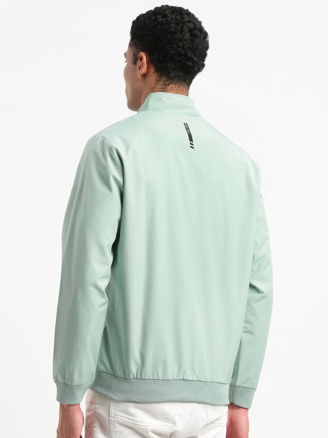 Men Mock Collar Sea Green Solid Bomber Jacket