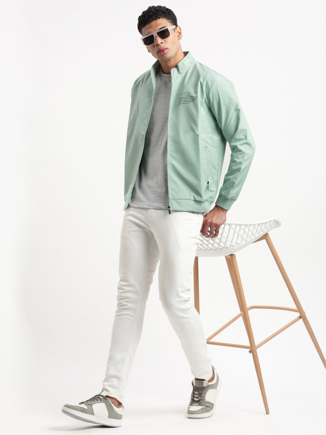 Men Mock Collar Sea Green Solid Bomber Jacket