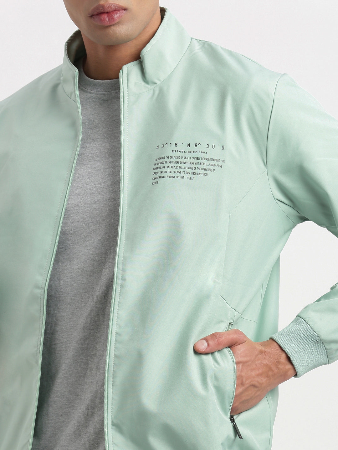 Men Mock Collar Sea Green Solid Bomber Jacket