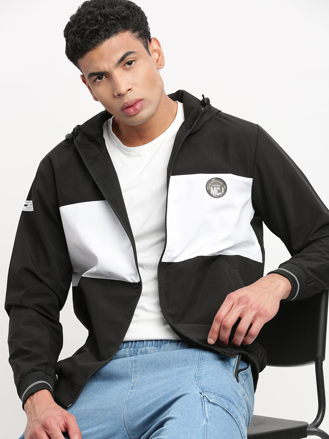 Men Hooded Black Colourblocked Bomber Jacket