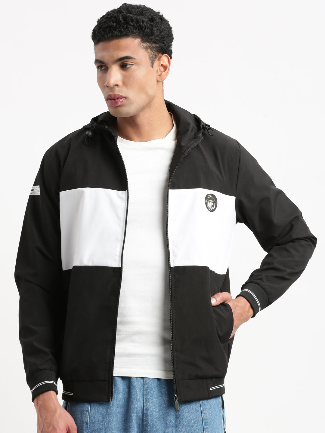 Men Hooded Black Colourblocked Bomber Jacket