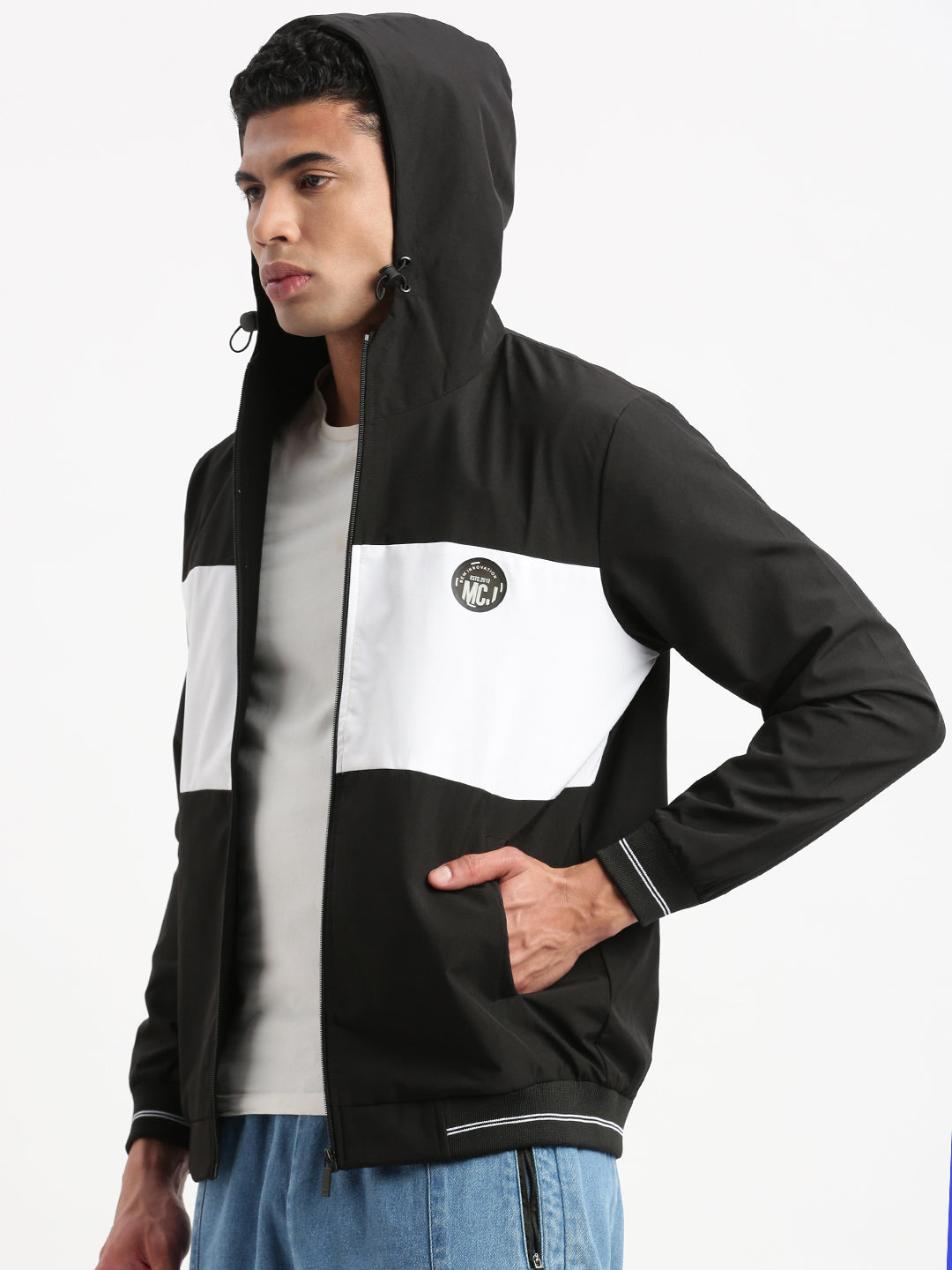 Men Hooded Black Colourblocked Bomber Jacket