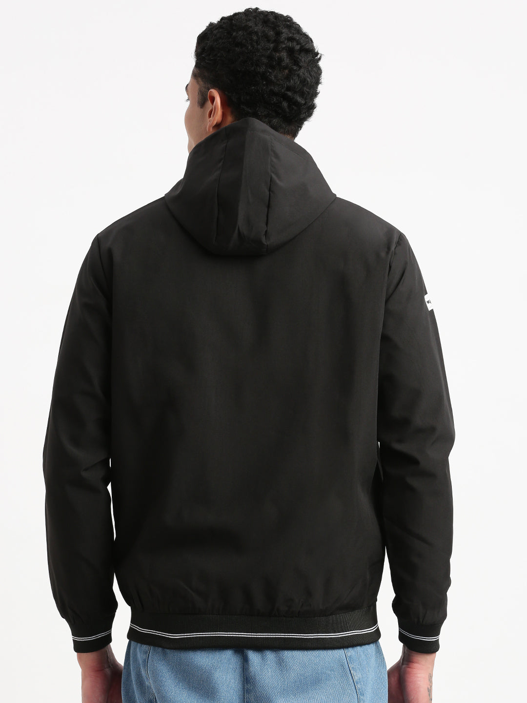 Men Hooded Black Colourblocked Bomber Jacket