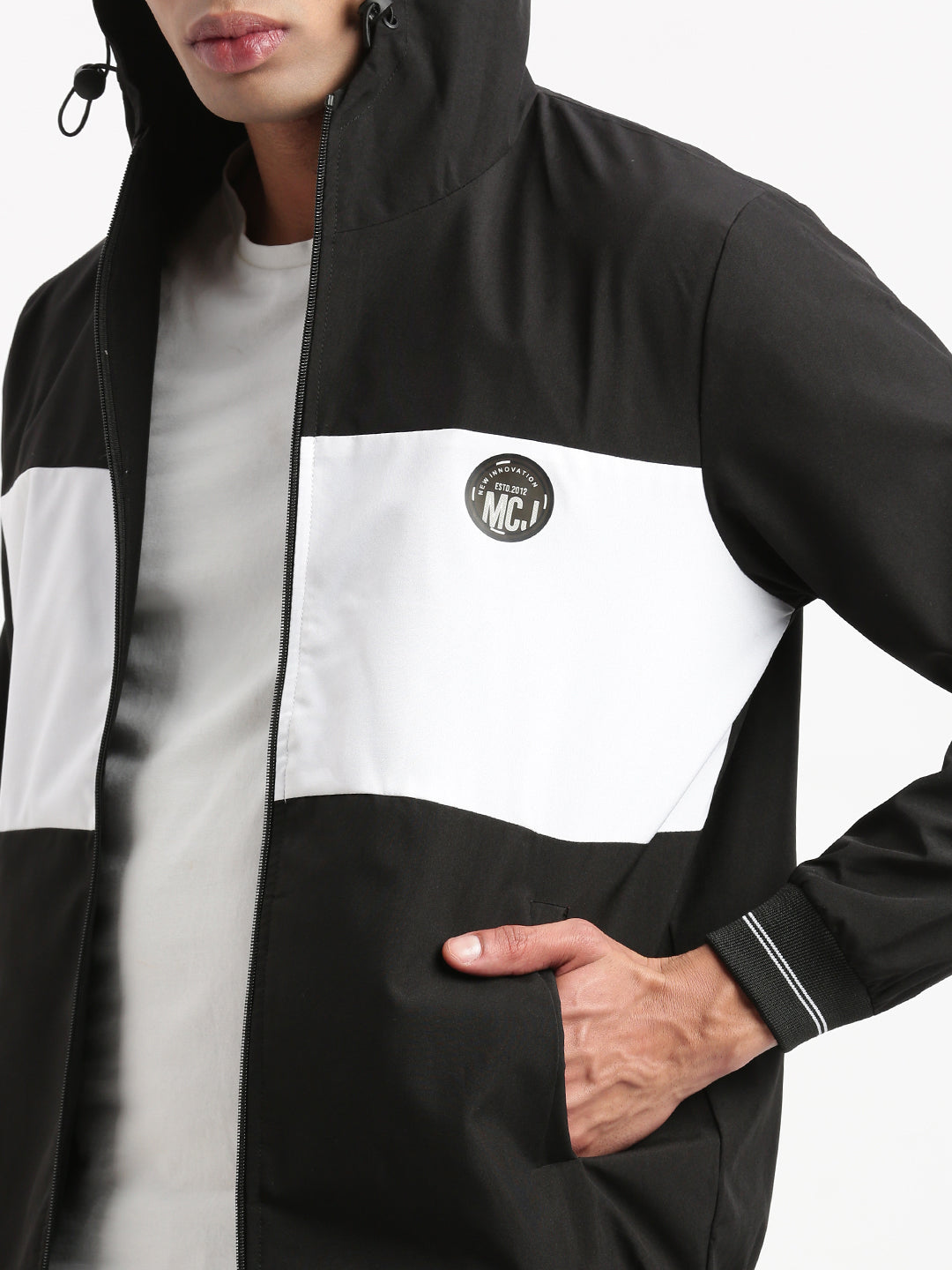 Men Hooded Black Colourblocked Bomber Jacket