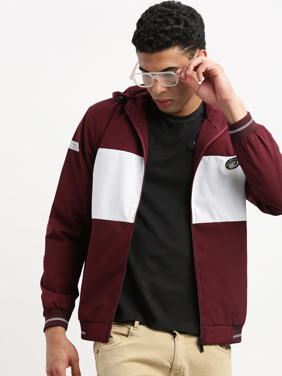 Men Hooded Maroon Colourblocked Bomber Jacket