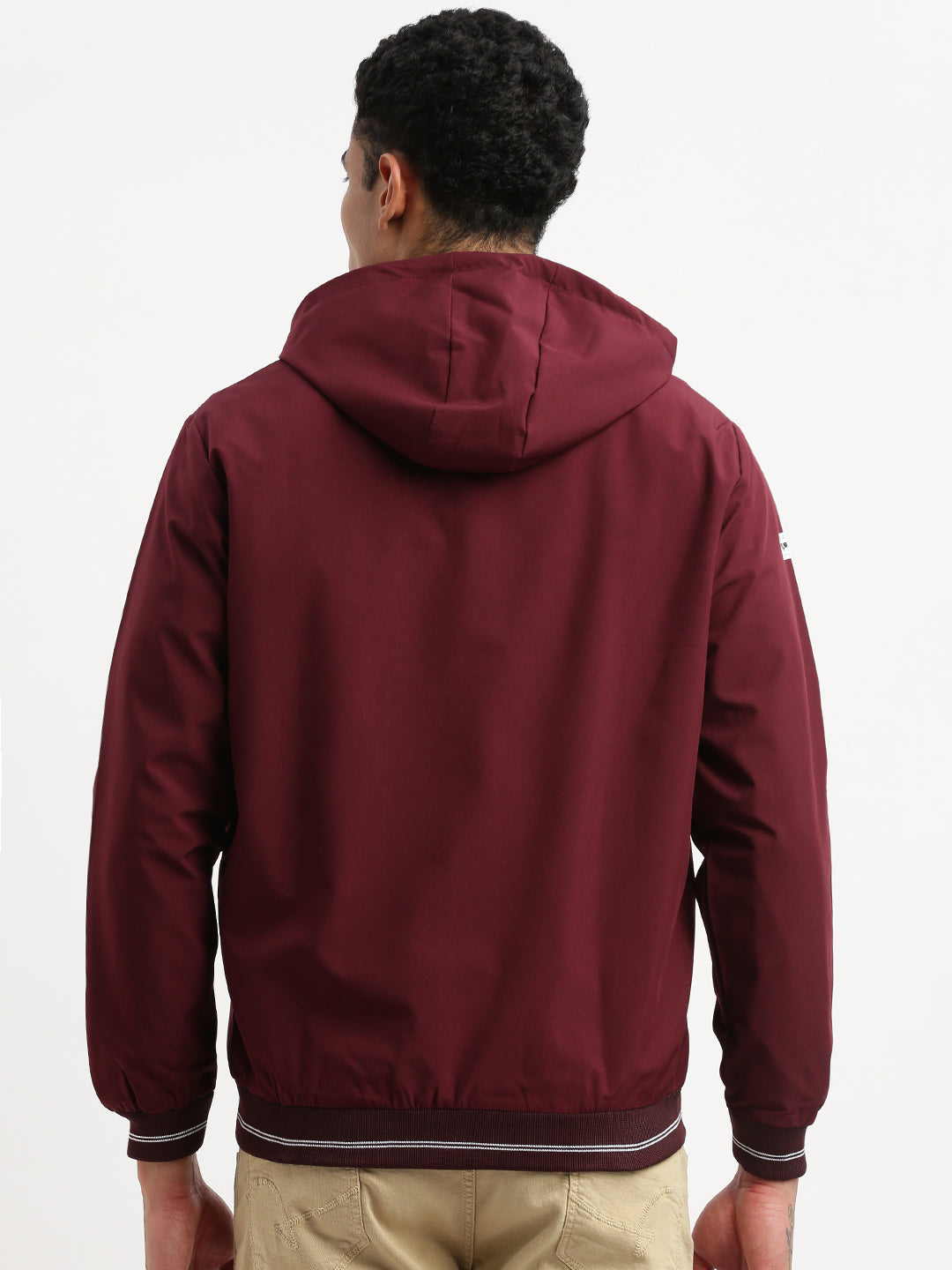 Men Hooded Maroon Colourblocked Bomber Jacket