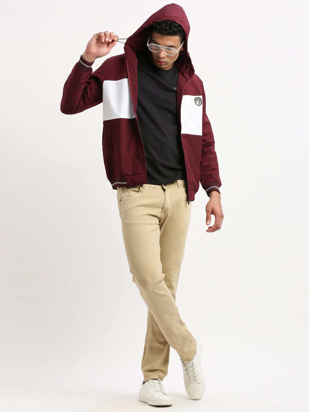 Men Hooded Maroon Colourblocked Bomber Jacket