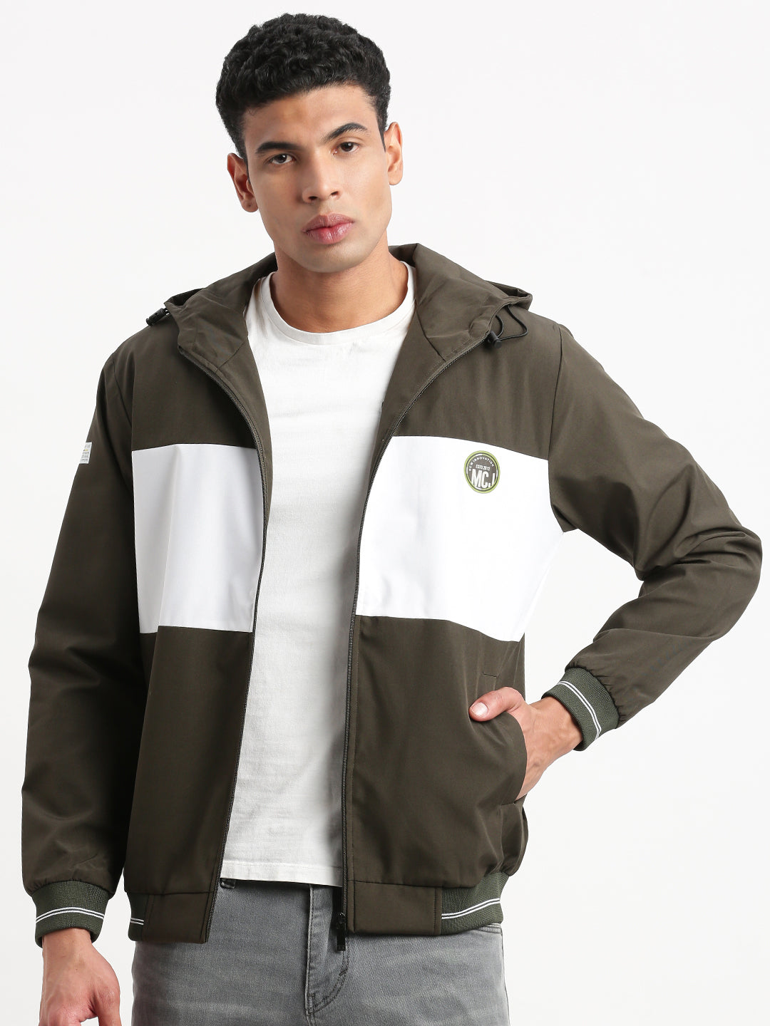 Men Hooded Olive Colourblocked Bomber Jacket